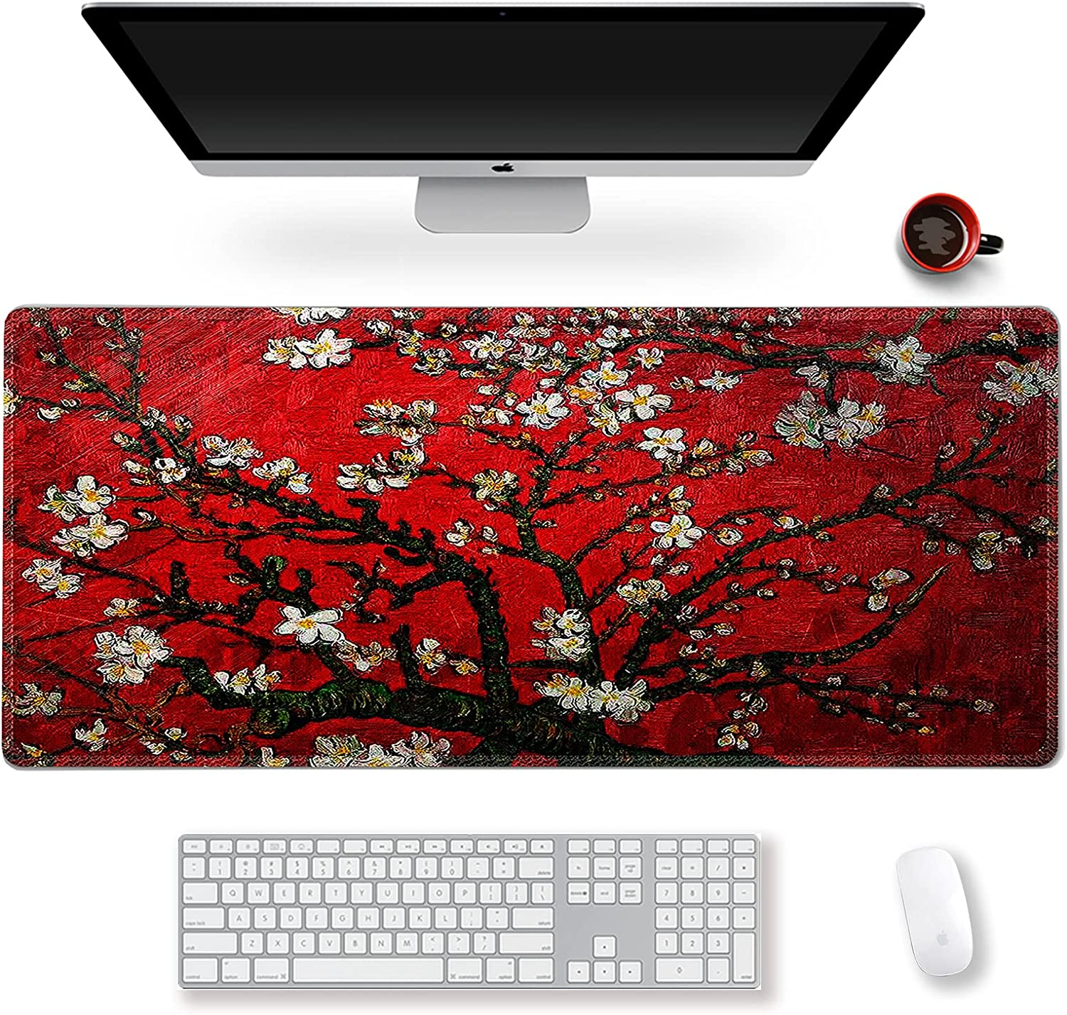 Extended Gaming Mouse Pad XXL  Large Keyboard Mat Long Mousepad Desk Decor Writing Pad Non Slip Rubber Base Stitched Edges for Work, Game, Office, Home, 35.1" X 15.7", Red Painting